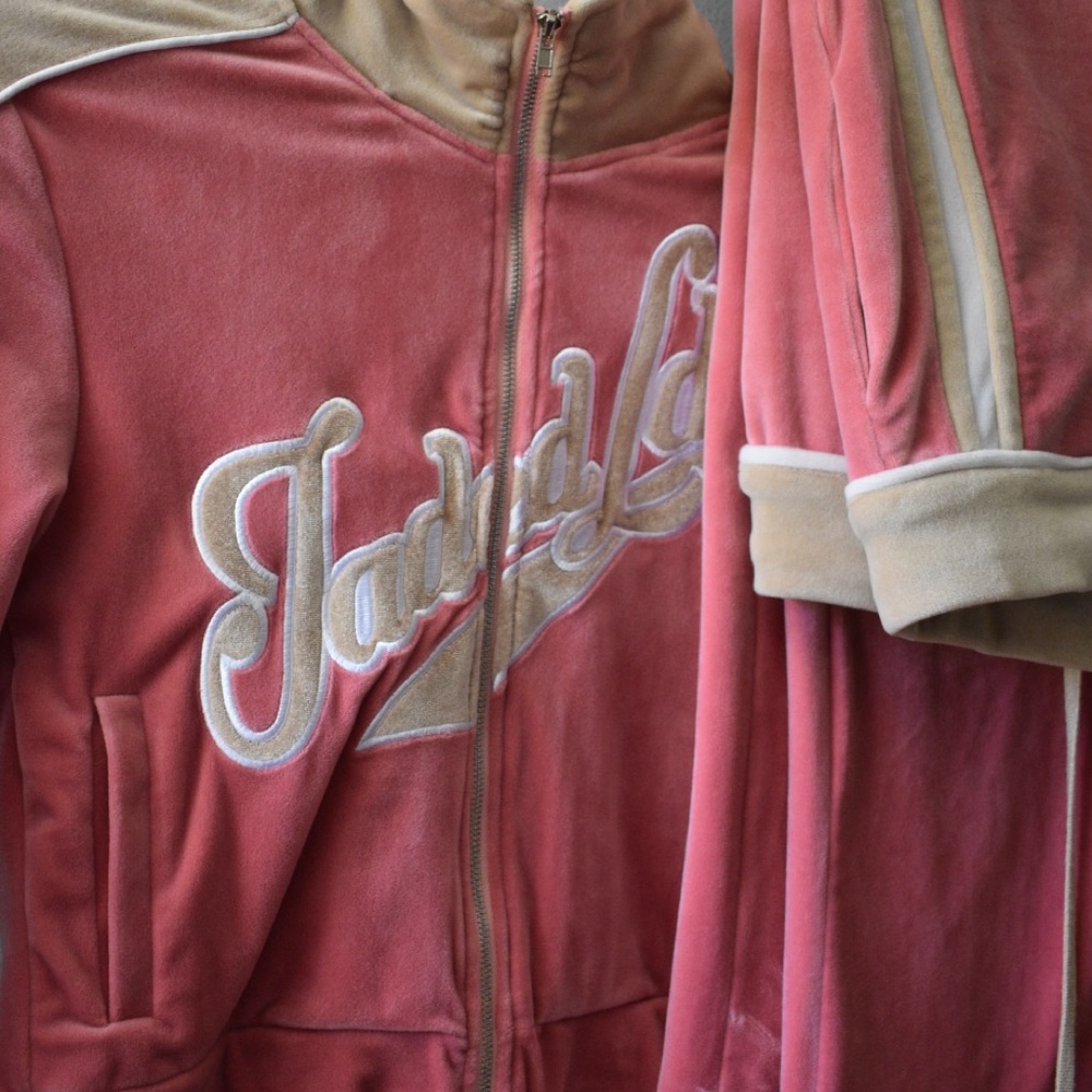 Jaded London Pink Velour Zip-Front Varsity Jacket with Beige Trim